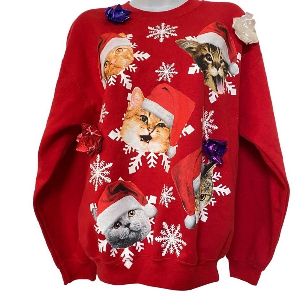 Vintage Christmas Cat Sweater Bows Medium Gildan